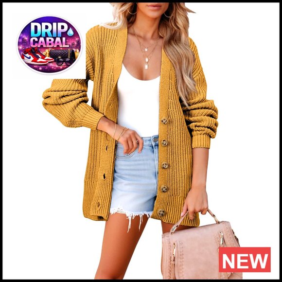 Oversized Cardigan Chunky Knit Lantern Sleeves Button Front Open Cozy Sweater